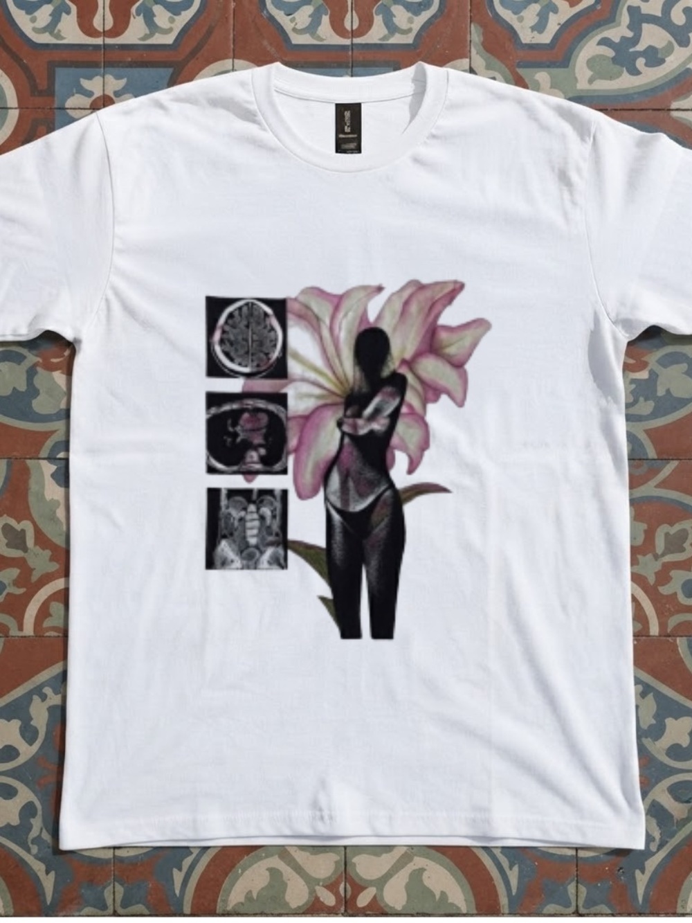 Gildan White Tee with Black Silhouette and Pink Floral Graphic